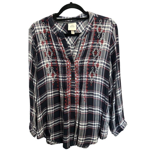 Knox Rose size L navy plaid embroidered 1/2 button v neck soft flannel like top - Picture 1 of 7